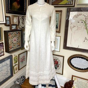 70s Vintage White Cotton High Waisted 3/4 Sleeve Maxi Dress with Applique Size S